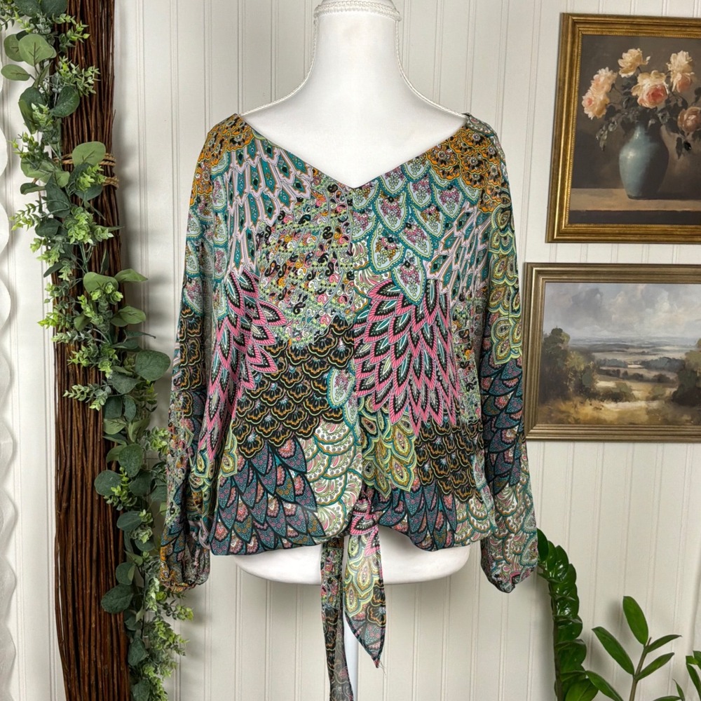 Coco Bianco Blouse Womens Medium Multicolor Excellent Tie Front Peacock Paisley
